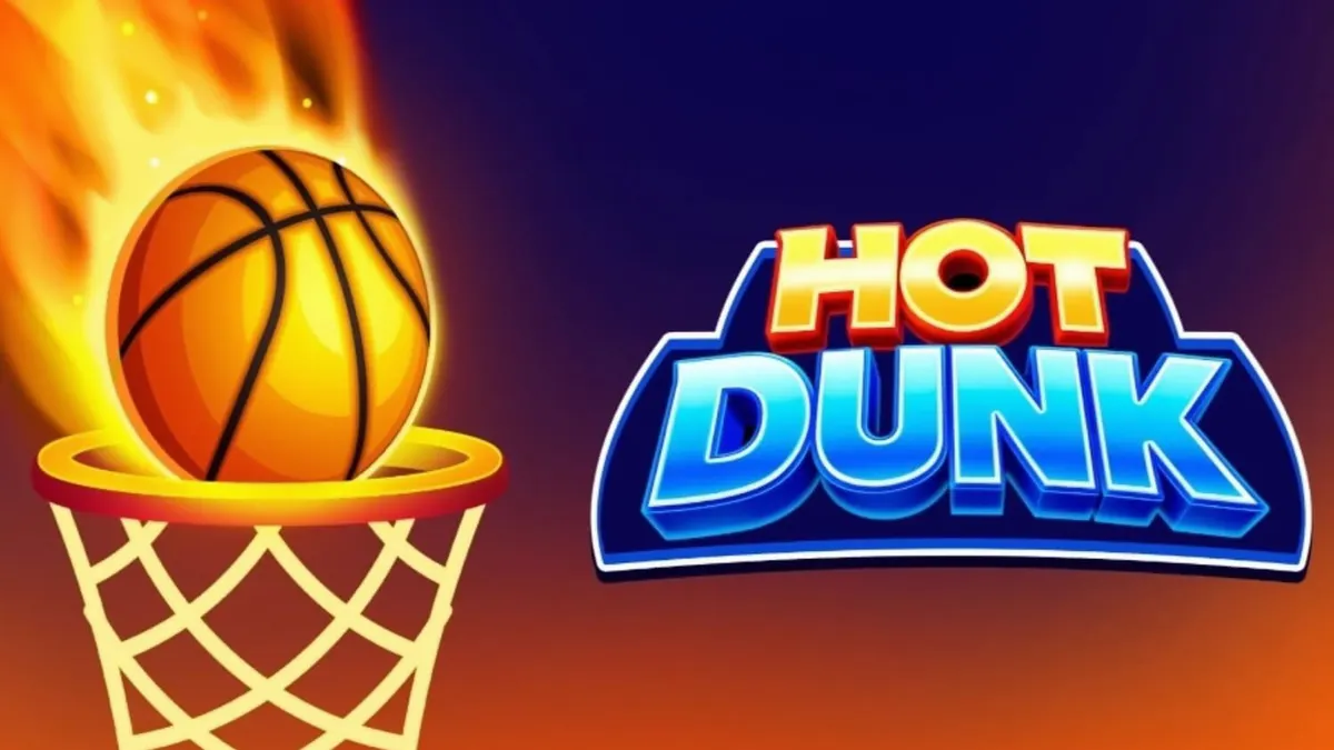 Tampilan visual slot Hot Dunk dengan tema bola basket dan lampu arena neon