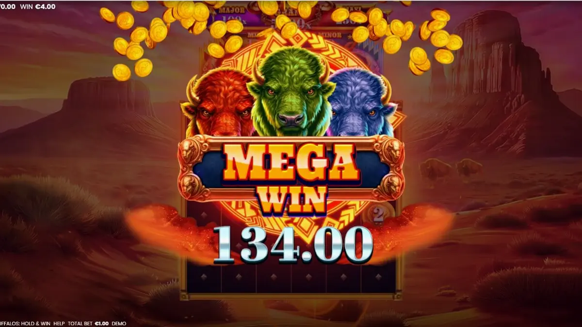 Tampilan antarmuka slot 3 Blazing Buffalos: Hold & Win di perangkat seluler