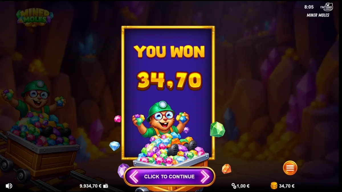 Tampilan visual permainan slot Miner Moles dengan karakter tikus tanah dan permata